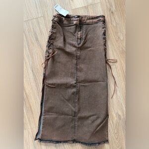 Urban outfitters brown wash denim midi skirt with side lacing details